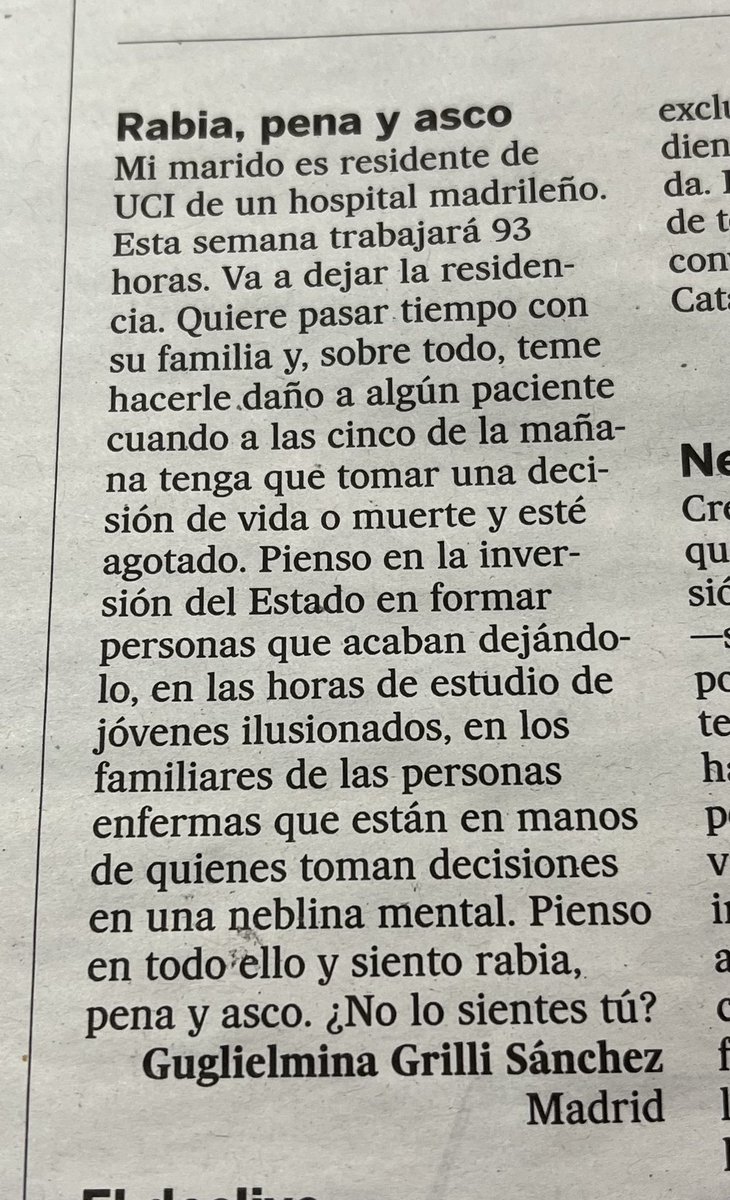 jl_sastre's tweet photo. Residente en la UCI. Una semana laboral de 93 horas y teme hacerle daño a un paciente 

“Siento rabia, pena y asco. ¿No lo sientes tú?���

Esta carta a la directora de El País 👇🏽 https://t.co/uE4splYNgK