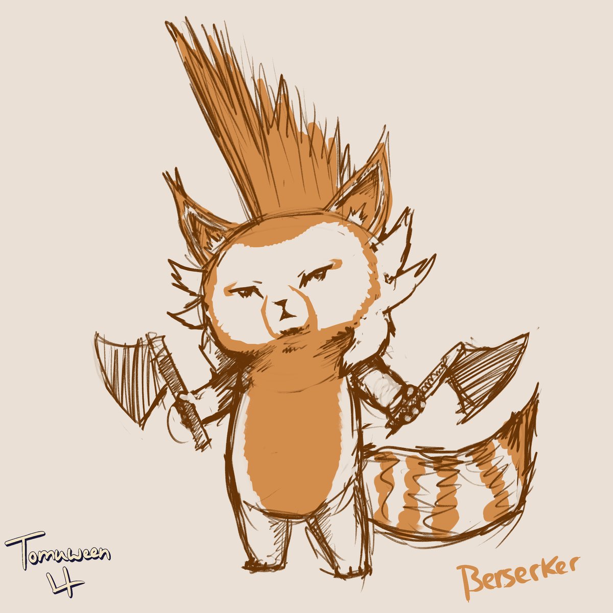 Sycorix9's tweet photo. Got a few of these to post today. 
Tomuween 4: Berserker
Tomu as a berserker. Inspired by Zul'jin in Heroes and the Amani Axe throwers. Also got dorf vibes too. A quicker sketchy type of drawing but still cute.
#Tomuween #DrawingChallenge #Halloween #DigitalArt #Sketch https://t.co/ECvKeqq55e