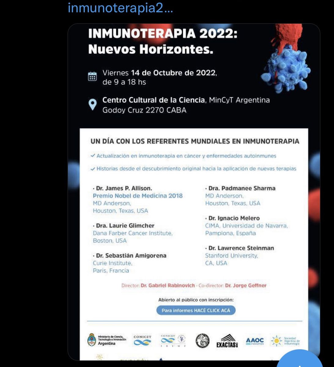 gabyrabi's tweet photo. En unas horas los pioneros de Inmunoterapia ! Tomorrow the pioneers in immunotherapy ⁦@PamSharmaMDPhD⁩ ⁦@Exactas_UBA⁩ ⁦@CONICETDialoga⁩ ⁦@ciencia_ar⁩ ⁦@JimAllisonPhD⁩ https://t.co/LCc9OVMKqP