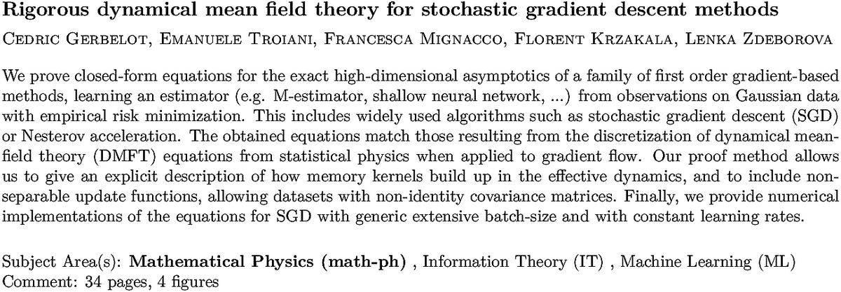 arxiv.org/abs/2210.06591…
C Gerbelot et. al.
Rigorous dynamical mean field theory for stochastic gradient descent
  methods