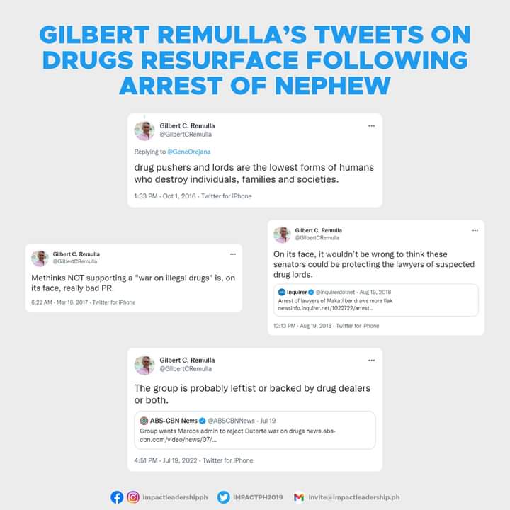 iMPACTPH2019's tweet photo. DIGITAL NA TALAGA ANG KARMA?

Gilbert Remulla's tweets on drugs resurface following the arrest of his nephew Juanito Jose Diaz Remulla III for alleged possession of P1.3-M worth of suspected kush during an anti-illegal drug operation in Las Piñas City. https://t.co/OXaaGBdtWq