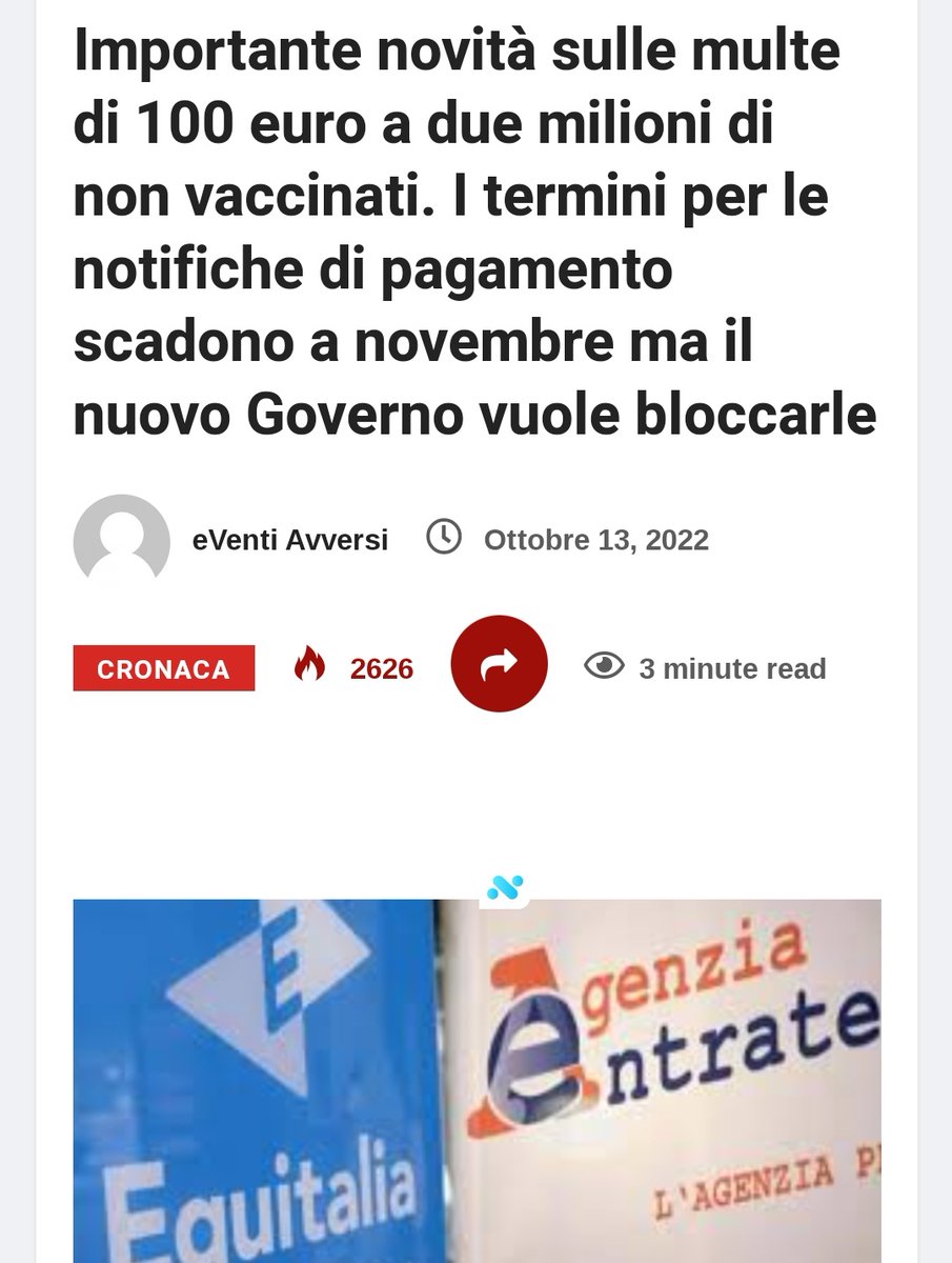 e_Avversi's tweet photo. Importante novità sulle multe di 100 euro a due milioni di non vaccinati. I termini per le notifiche di pagamento scadono a novembre ma il nuovo Governo vuole bloccarle
https://t.co/y4F74xdC8n
#COVID19 #EventiAvversi #multenovax #GovernoMeloni #ObbligoVaccinale #Over50 https://t.co/Pmje0QZBhh