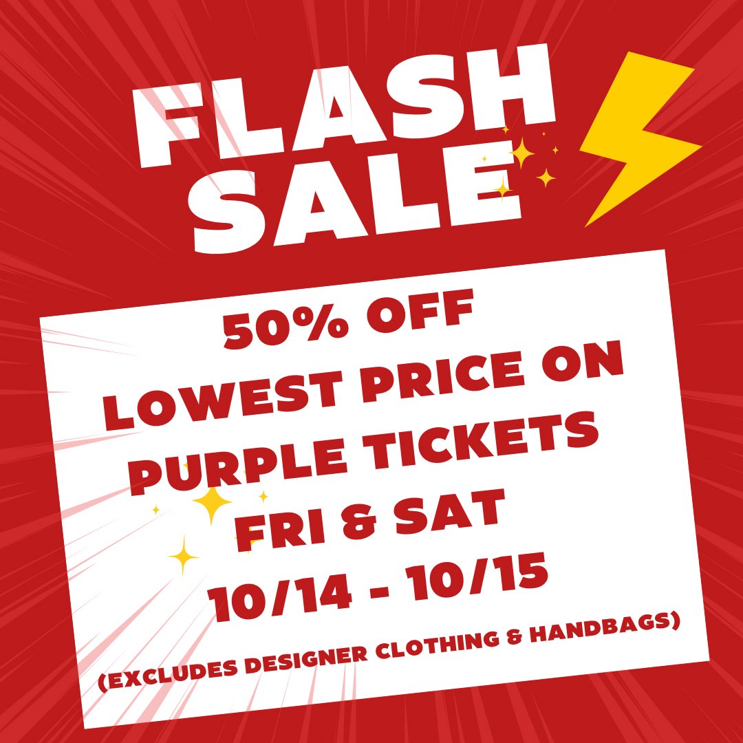 MCClothingNH's tweet photo. FLASH SALE - Fri & Sat 10/14 ~ 10/15. Take an additional 50% off the lowest price on Purple Tickets. You donโt want to miss out on all the great savings!!! (excludes Designer clothing & handbags)
#shoplocalnh #mcclothingandgifts #consignmentshopping #secondhandshopping https://t.co/lMcloYPP0h