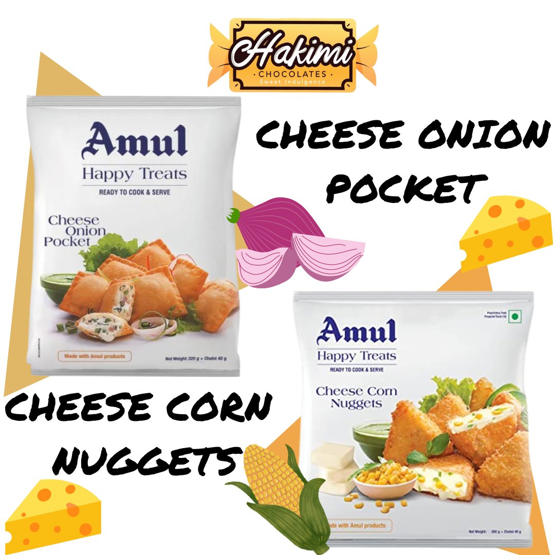 Now Available!!
Amul Happy Treats 
CHESSE🧀  ONION POCKET
CHEESE 🧀 CORN NUGGETS 

#hakimichocolates #amulindia #amulproducts #cheeselover #cheesefries #amulcheese #amulhappytreats #madeinindia #nuggets #foodpic #instafoodgram #onlinemarketing #onlinestore #onlinebusinesses