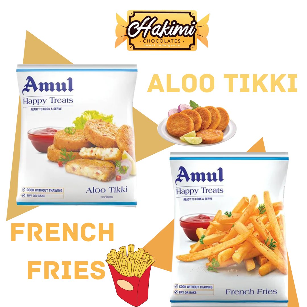 NOW AVAILABLE..
AMUL HAPPY TREATS
FRENCH FRIES 🍟 &  ALOO TIKKI 

#hakimichocolates #amul #amulhappytreats #snackfood #snackpack #frozenfoods #alootikki #alootikkichat #frenchfries 
#fries #instafoodie