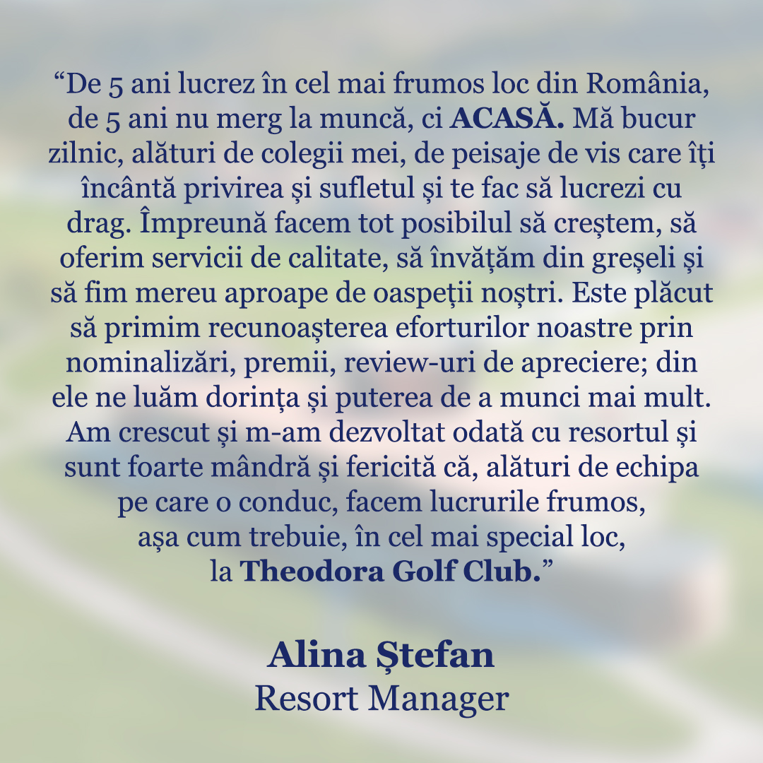TheodoraGolf's tweet photo. Cuvintele colegei noastre, Alina Ștefan ne-au înduioșat nespus! 🤗 Îi mulțumim pentru această urare, dar și pentru tot ceea ce face pentru #TheodoraGolfClub, alături de frumoasa echipă pe care o conduce, în locul pe care ea îl numește #acasă.🏡 https://t.co/s6docdlsCm
