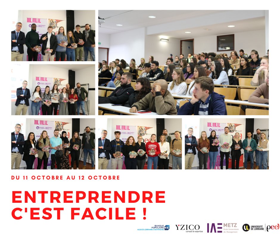 [Entreprendre c'est facile !] 🚀
Du mardi 11 octobre au mercredi 12 octobre a eu lieu l'événement, de l'année, de sensibilisation à la culture entrepreneuriale, Entreprendre c'est facile !  Organisé en collaboration avec l'IAE de Metz et le PeeL.

#entrepreneurs #etudiants