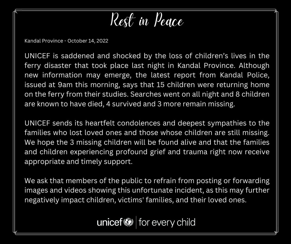 UNICEFCambodia's tweet photo. .@UNICEFCambodia is saddened and shocked by the loss of children’s lives in the ferry disaster that took place last night in Kandal Province. https://t.co/aHMqaNKK2A