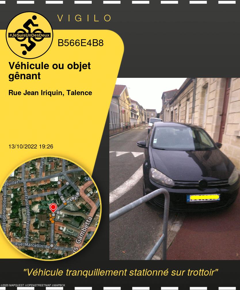 VigiloBordeaux's tweet photo. Et un nouveau signalement sur vigilo : 
Véhicule tranquillement stationné sur trottoir 
https://t.co/dUrN9NDuDm
#Véhicule ou objet gênant #Talence @cycles_maniv 
 @BxMetro #jesuisundesdeux https://t.co/SVkD3fkvSG