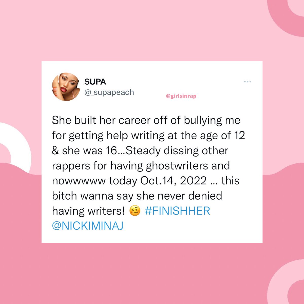 girlsinrap's tweet photo. .@_SupaPeach says @Latto “built her career off of bullying” at a young age and denied using ghostwriters. https://t.co/rzjZJA0lJJ