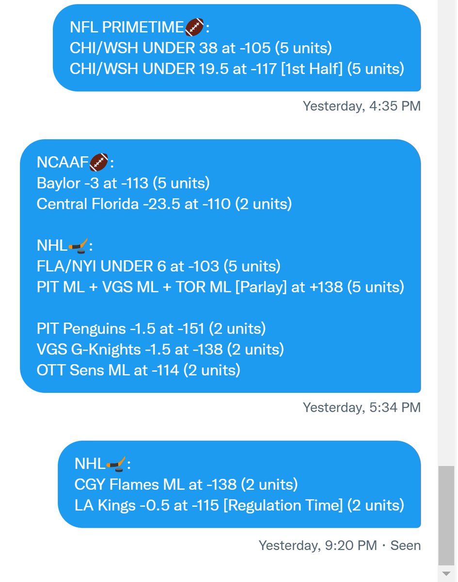 SolidSportsBets's tweet photo. 🤩🏈PRIMETIME PROFIT!🏈🤩

7-4, 64% for +14.91 units! (1-5 units/play)📈

$10/unit bettors: +$149.10!💰
$20/unit:  +$298.20!💰
$50/unit:  +$745.50!💰
$100/unit: +$1,491!💰
$1000/unit: +$14,910!💰  

#LegitimatelyDocumented🗃 
#TimeStampVerified✅
#NHL🏒 #NFL #NCAAF🏈 https://t.co/wuY1hTlyBQ