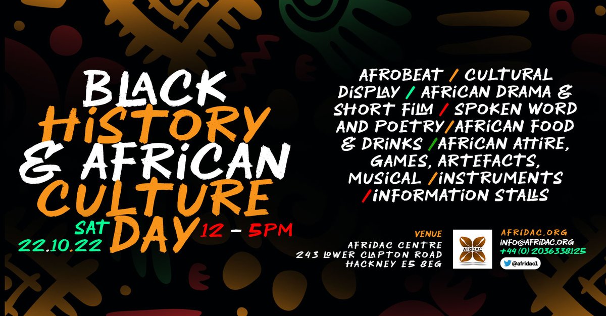 We are looking forward to hosting you at AFRIDAC’S Black History and African Culture day and launch of the new AFRIDAC Centre on Saturday 22 October from 12 – 5pm at 243 Lower Clapton road E5 8EG. lovehackney.uk/black-history-…