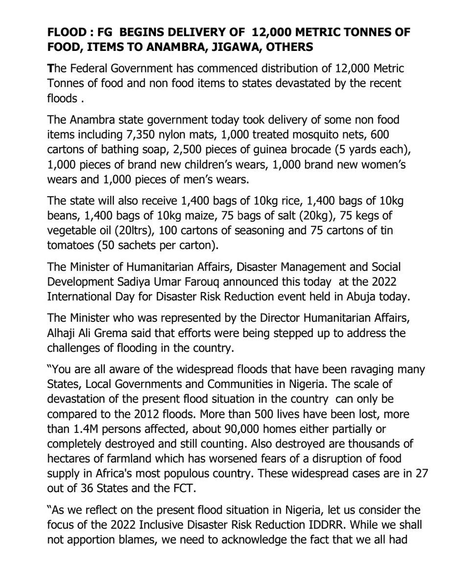 fmha_pa's tweet photo. FLOOD : FG BEGINS DELIVERY OF RELIEF MATERIALS (12,000 METRIC TONNES OF 
FOOD AND NON FOOD ITEMS) TO ANAMBRA, JIGAWA, OTHERS 

The Federal Government has commenced the distribution of 12,000 Metric Tonnes of food and non-food items to states devastated by the recent floods. https://t.co/4jT9iZJcUa