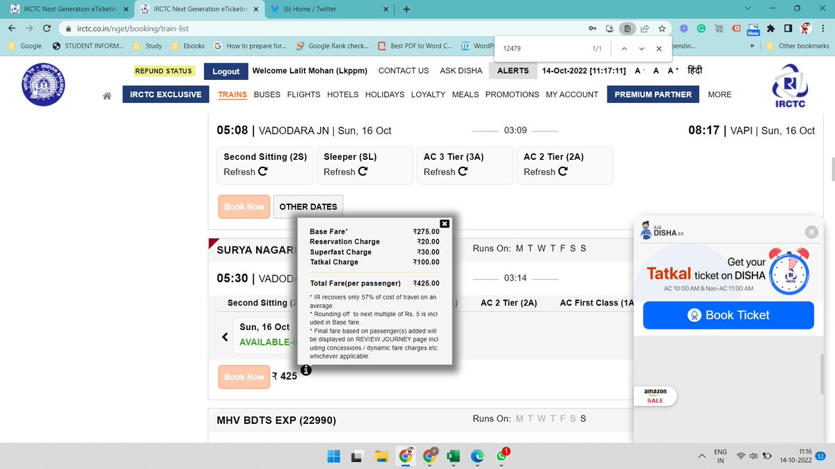IPrateekDaga's tweet photo. @RailMinIndia How come the base fare for a train has increased during Tatkal booking? Even though you are levying Tatkal charges.
Train No - 12479
cc: @AshwiniVaishnaw https://t.co/X6vRgoL4TO
