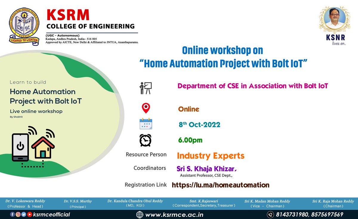 ksrmceofficial's tweet photo. Department of CSE in association with Bolt IoT organized online workshop on Home Automation project with Bolt IoT on 8th Oct 2022
#boltiot #automation #ksrm #ksrmiic #ksrmcse #ksrmce #kandulagroups #engineering #kadapa #ksrmceclubs #jntua #AICTE #aishe #IntiativesofMHRD #ugc https://t.co/EDaGoFTPQu