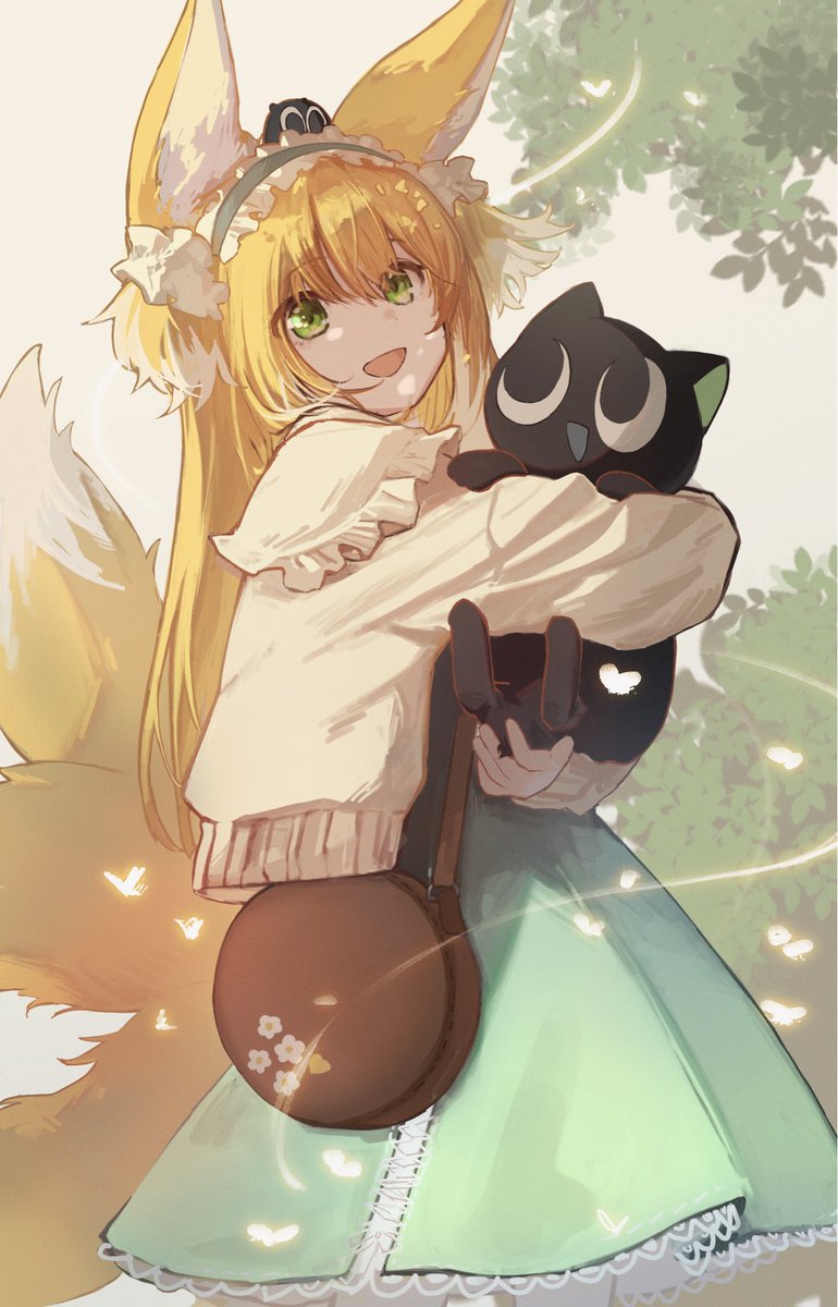luoxiaohei ,suzuran (arknights) 1girl black cat animal ears fox ears blonde hair frilled hairband fox tail  illustration images