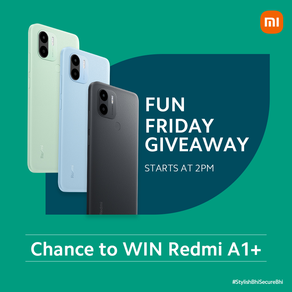 RedmiIndia's tweet photo. Friday or Fri-yay?
The decision is yours. 

We are here with a Fun Friday #Giveaway.

𝟓 𝐋𝐮𝐜𝐤𝐲 𝐖𝐢𝐧𝐧𝐞𝐫𝐬 𝐬𝐭𝐚𝐧𝐝 𝐚 𝐜𝐡𝐚𝐧𝐜𝐞 𝐭𝐨 𝐖𝐈𝐍 𝐛𝐫𝐚𝐧𝐝 𝐧𝐞𝐰 𝐑𝐞𝐝𝐦𝐢 𝐀𝟏+.

#Contest starts at 𝟐 𝐏𝐌.

Use hashtags #RedmiA1Plus &amp; #StylishBhiSecureBhi to win! https://t.co/Z0HSJu6IvJ
