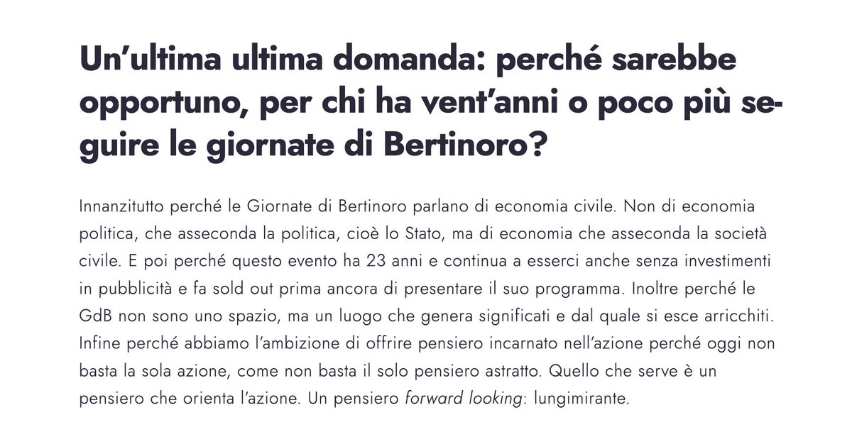 MicheTiraboschi's tweet image. Perché per chi ha 20 anni o poco più seguire le giornate di Bertinoro? 
Perché abbiamo l’ambizione di offrire pensiero incarnato nell’azione. Non basta la sola azione come non basta il solo pensiero astratto 
#Zamagni #gdb2022 #DirLav2022
Diretta streaming youtube.com/c/aiccon