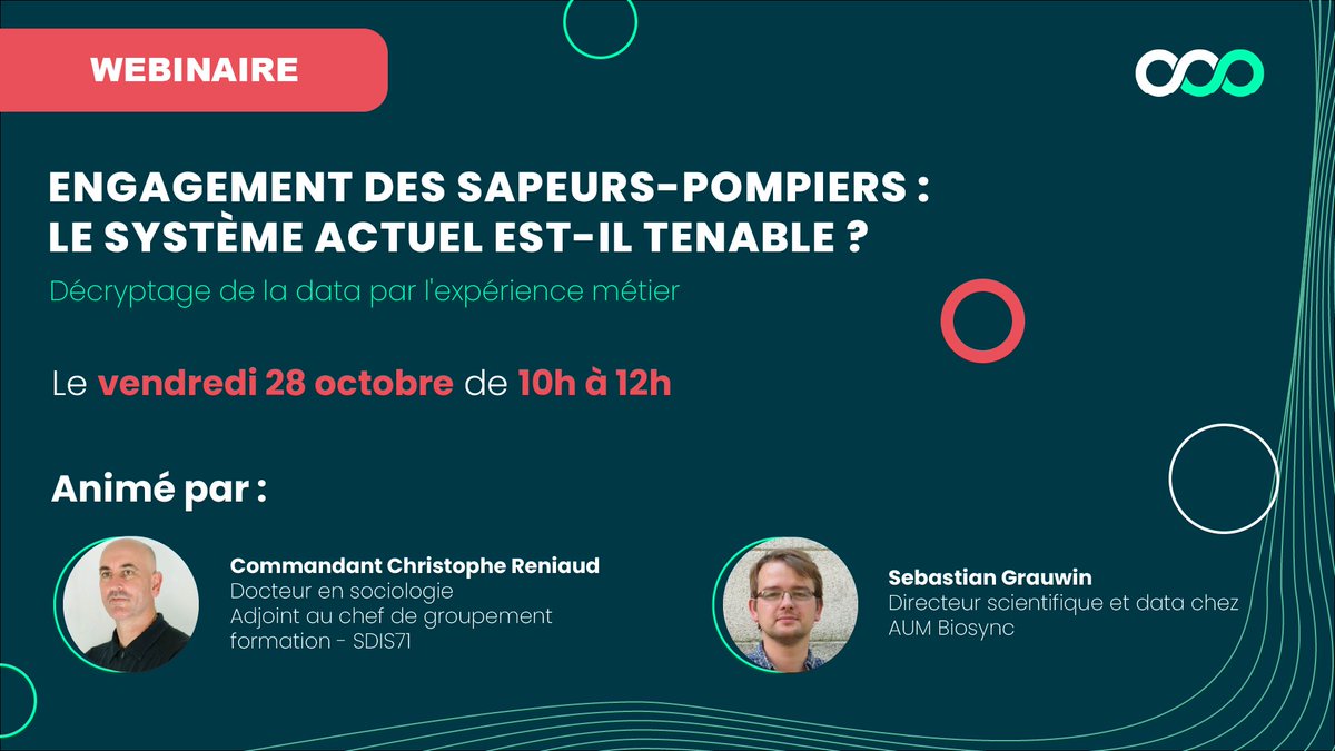 [📣 WEBINAIRE 📣]

🗓️ Le 28 octobre, de 10h à 12h, @SebGrauwin et <a href="/creniaud/">Christophe RENIAUD</a> confronteront chiffres et expérience du terrain autour de l'engagement des Sapeurs-Pompiers et des besoins opérationnels .🤔

Toutes les infos sont dispos sur notre page LinkedIn. 😉
#webinaire #SDIS