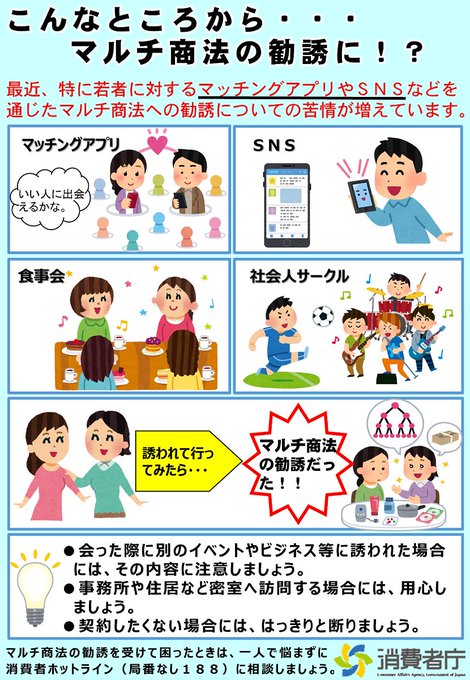 チラシ「こんなところから・・・マルチ商法の勧誘に！？」の表面の画像。「最近、特に若者に対するマッチングアプリやＳＮＳなどを通じたマルチ商法への勧誘についての苦情が増えています。マルチ商法の勧誘を受けて困ったときは、一人で悩まずに消費者ホットライン（１８８）に相談を。会った際に別のイベントやビジネス等に誘われた場合には、その内容に注意しましょう。事務所や住居など密室へ訪問する場合には、用心しましょう。契約したくない場合には、はっきりと断りましょう。