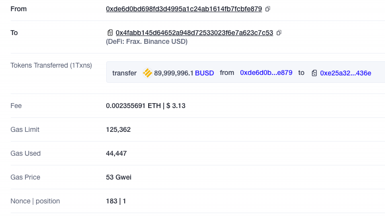 MetaDaily_main's tweet photo. #MetaDaily data showed that at 13:39:47 ▶️ 89,999,996 #BUSDs were transferred from unknown addresses to #Binance. (#Binance address: 0x4Fabb145d64652a948d72533023f6E7A623C7C53)
#BNB #BSC #BSCNews #cryptocurrecy https://t.co/f7yl6Dc239