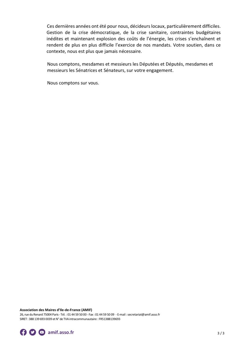 J’apporte tout mon soutien à la démarche de l’Association des Maires d’Ile-de-France et aux demandes des collectivités territoriales qu’elle porte à l’occasion du débat et du vote au parlement sur le projet de loi de finances 2023. ⤵️

<a href="/AMIF_asso/">AMIF</a>
