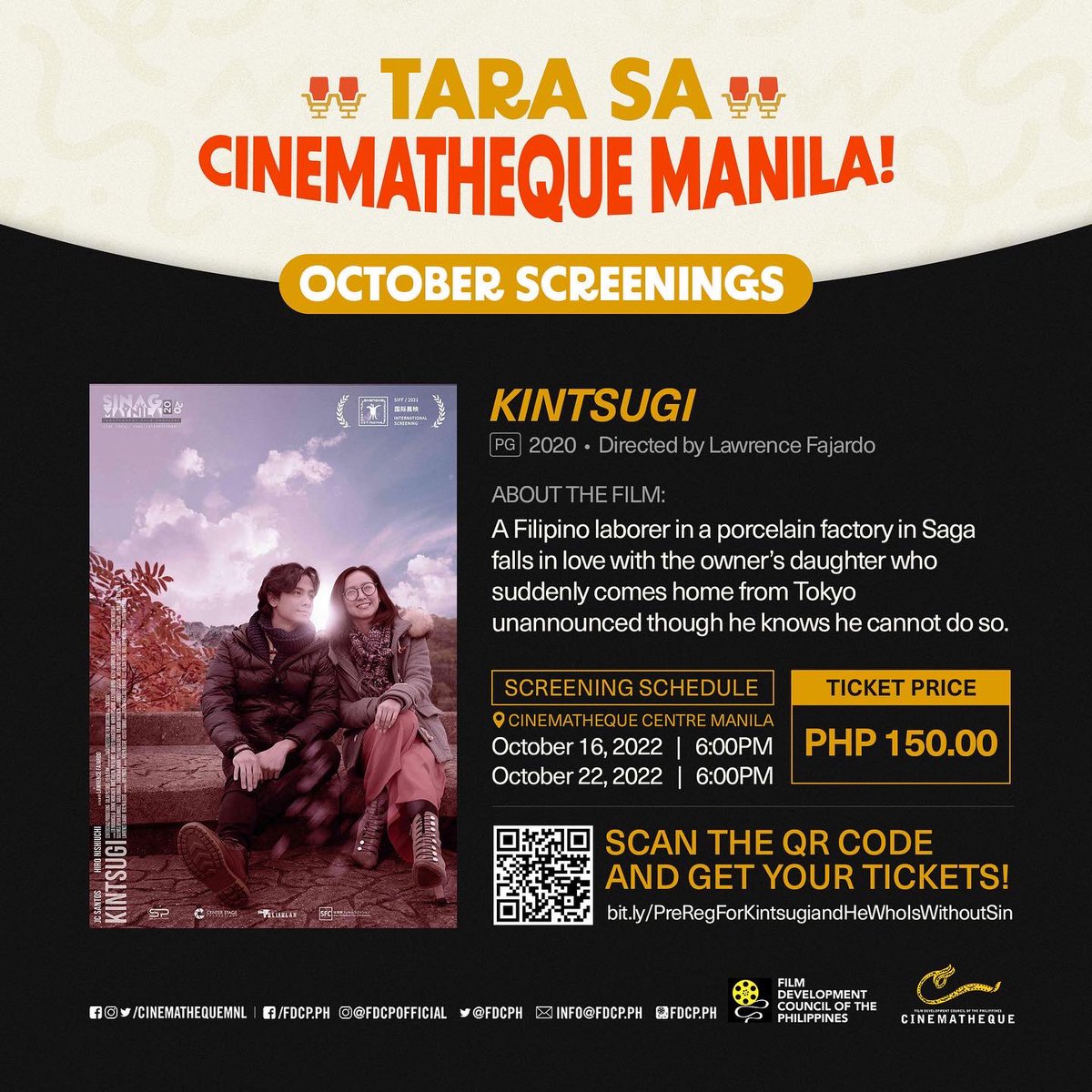 CinemathequeMNL's tweet image. NOOD TAYO NG SINE SA CINEMATHEQUE! 🎬✨🎬✨🎬✨

Catch Jason Paul Laxamana’s “He Who Is Without Sin” and Lawrence Fajardo’s “Kintsugi” at Cinematheque Centre Manila this October 2022 for only 150PHP!

For tickets, register here: bit.ly/PreRegForKints… 

#PhilippineMoviesFTW