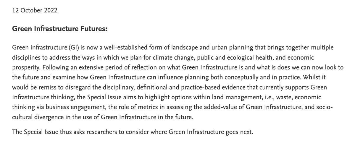Mell_GIPlanning's tweet photo. If you're working on #greeninfrastructure this Special Issue of UF&UG could be right up your street.
@DrSarahClement @SaraMeerow @ec0p0lis @oh_the_urbanity and myself are looking for papers on #GI #Futures - where does it go next, who will be in charge, and what will it do https://t.co/a9at6bil5f