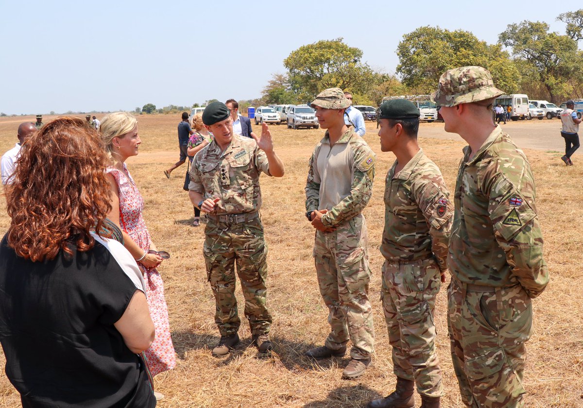 UKinMalawi's tweet photo. Her Royal Highness The Countess of Wessex met the @BritishArmy team working with the Malawi Defence Force to provide tactical training for the next Malawi Peacekeeping contingent for deployment to MONUSCO in the DRC, to which 🇲🇼 is a major and well respected troop contributor. https://t.co/B4swcsS8rB