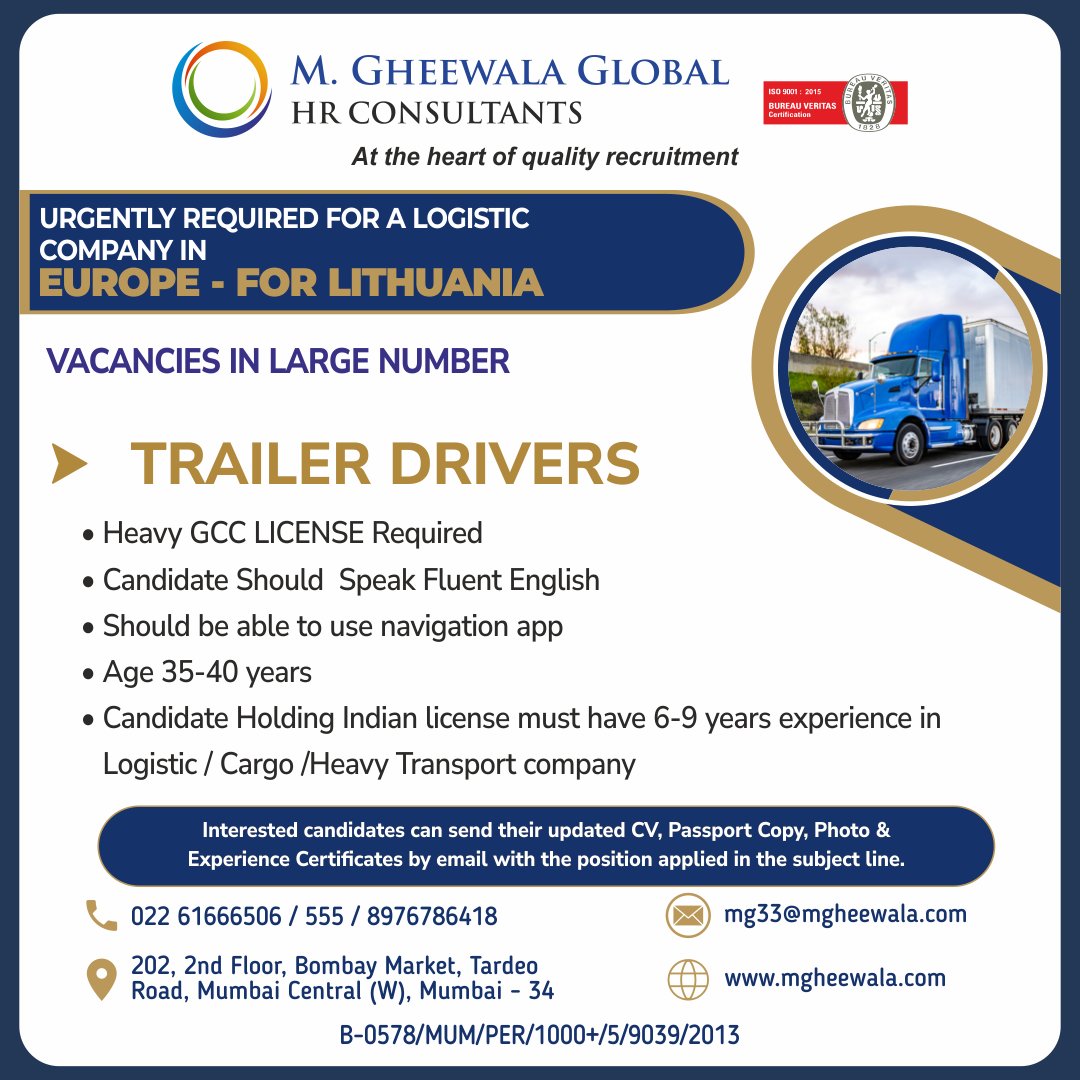 mgheewala_hrc's tweet photo. Job Vacancies for #Europe

Interested Candidates can send the updated resume to mg33@mgheewala.com

Learn More https://t.co/Ps4bxvjpD1

#driver #trailerdriver #drivinigjobs #gcclicense #transportcompany #cargoexperience #logisticcompany #lithuaniajob #europejobs https://t.co/Cl3xWBQxqC