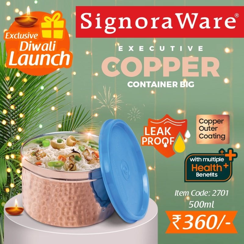 SignoraWare's tweet photo. Exclusive Diwali Launch :
Health and Style fused together in Executive Copper Container (Big)
#signoraware #executivecoppercontainer #coppercoatingcontainer #executivecontainerbig #bigcontainer #coppercoating #steelbody #steel #virginplasticlid #professionals #kids #students https://t.co/WXjshlKnrC
