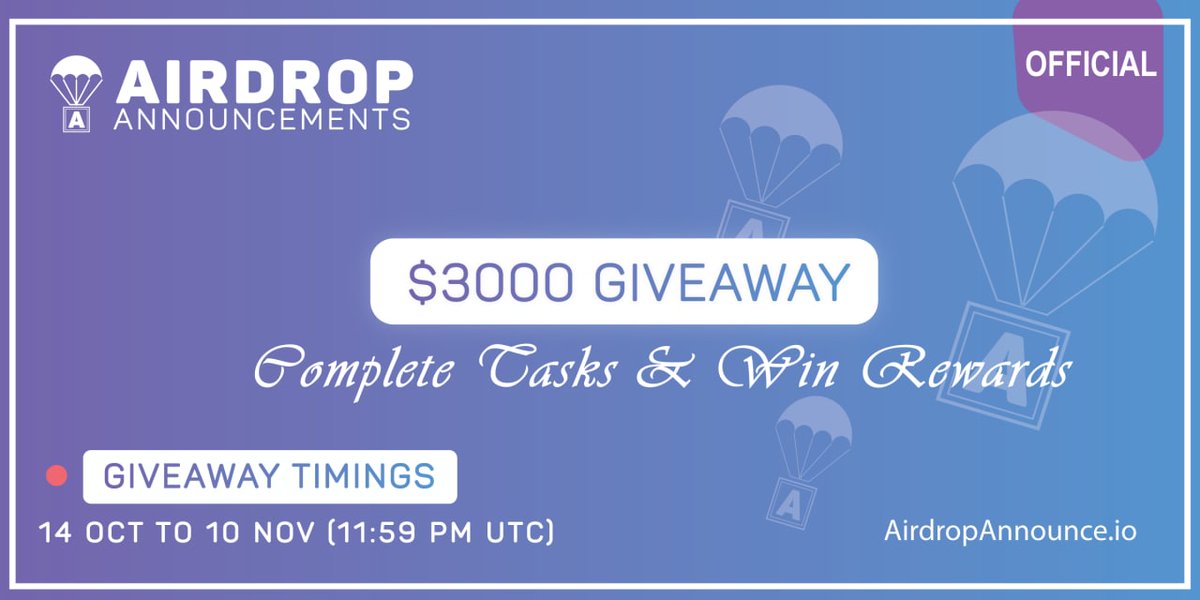 Airdrop_Announc's tweet photo. 🏆 Airdrop Announcements $3000 Giveaway 

🎉 Total Prize Pool : $3000 BUSD

📌 Giveaway End Date: 10 NOV (11:59 PM UTC)
📌 Winners &amp; Distribution: 13 NOV 2022

🔗 Giveaway Link : https://t.co/Kuel0Sggx8

✅ All Details👇

https://t.co/IUTxmP8RDl

#Airdropannouncements #Giveaway https://t.co/xeWeZKH2es
