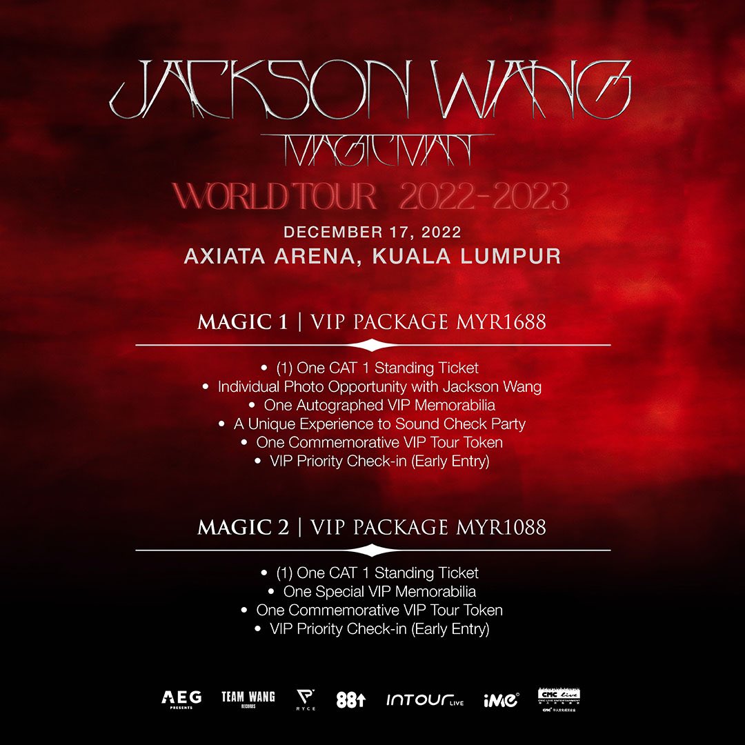 Jackson Wang on X: #MAGICMAN WORLD TOUR 2022 KUALA LUMPUR are NOW ON SALE!  . Get tickets here  . Date: December 17, 2022 Venue:  Axiata Arena, Kuala Lumpur . #MAGICMAN something