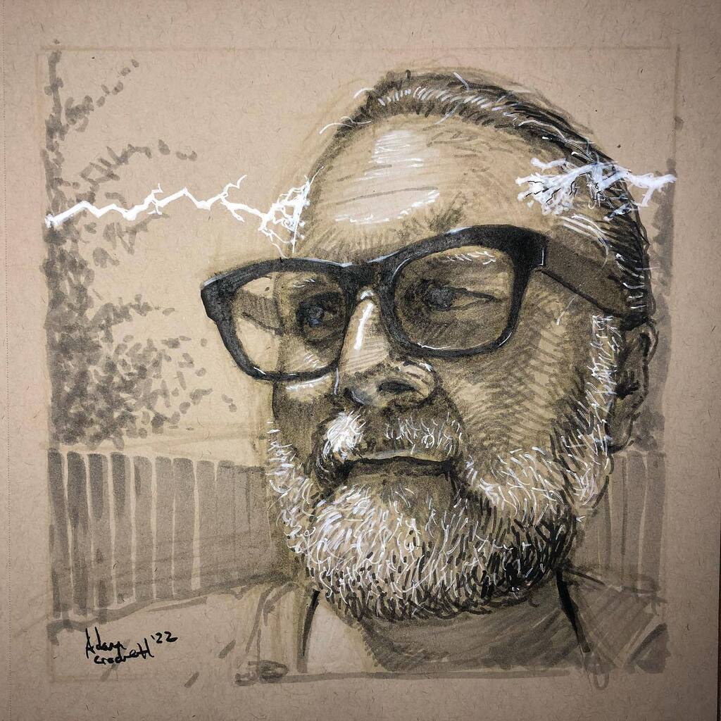 AdamMCrockett's tweet photo. Happy birthday @doctorabominable ! 
.
.
.
#birthday #portrait #sketch #sketchbook #drawing #art #artist #lightning #beard #glasses #tonedtan #pittartistpen #strathmore # https://t.co/s69AXnpxvM https://t.co/3sCpVLibrD