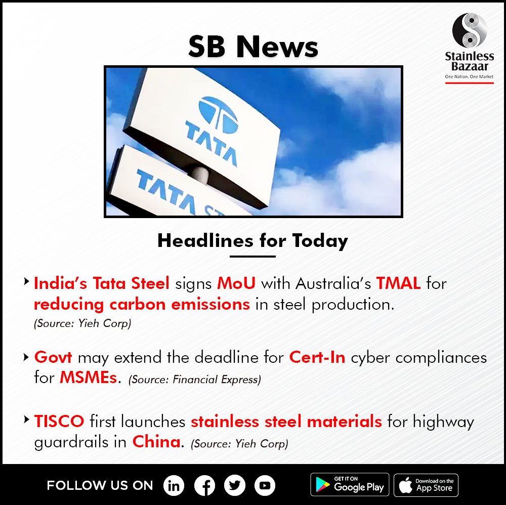 StainlessBazaar's tweet photo. SB News by Stainless Bazaar
1. India’s Tata Steel signs MoU with Australia’s TMAL for reducing carbon emissions in steel production. (Source: Yieh Corp)
Read more: https://t.co/1XLGiMQsqO
#SBNews #StainlessBazaar #MSMEs #TataSteel #MoU #TMAL #TISCO #StainlessSteel https://t.co/yyhfXjNJmn