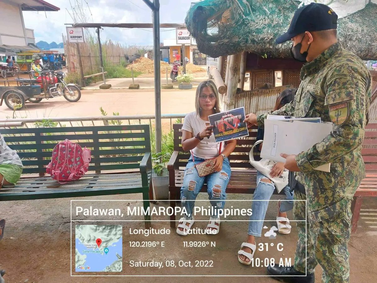 2ndsoucoron's tweet photo. "2nd SOU-MG “Protectors of Last Frontier”

 Distribution of (15) Flyers  re- END OF LOCAL COMMUNIST ARMED CONFLICT (ELCAC) to the fisherfolks and residents of Barangay Poblacion 4,Coron, Palawan.

#lifeisbeautiful
#KaligtasanNyoSagotKo
#TulongTulongTayo
#MKKequalsK
#PNPKakampiNyo https://t.co/22nQqeRABB