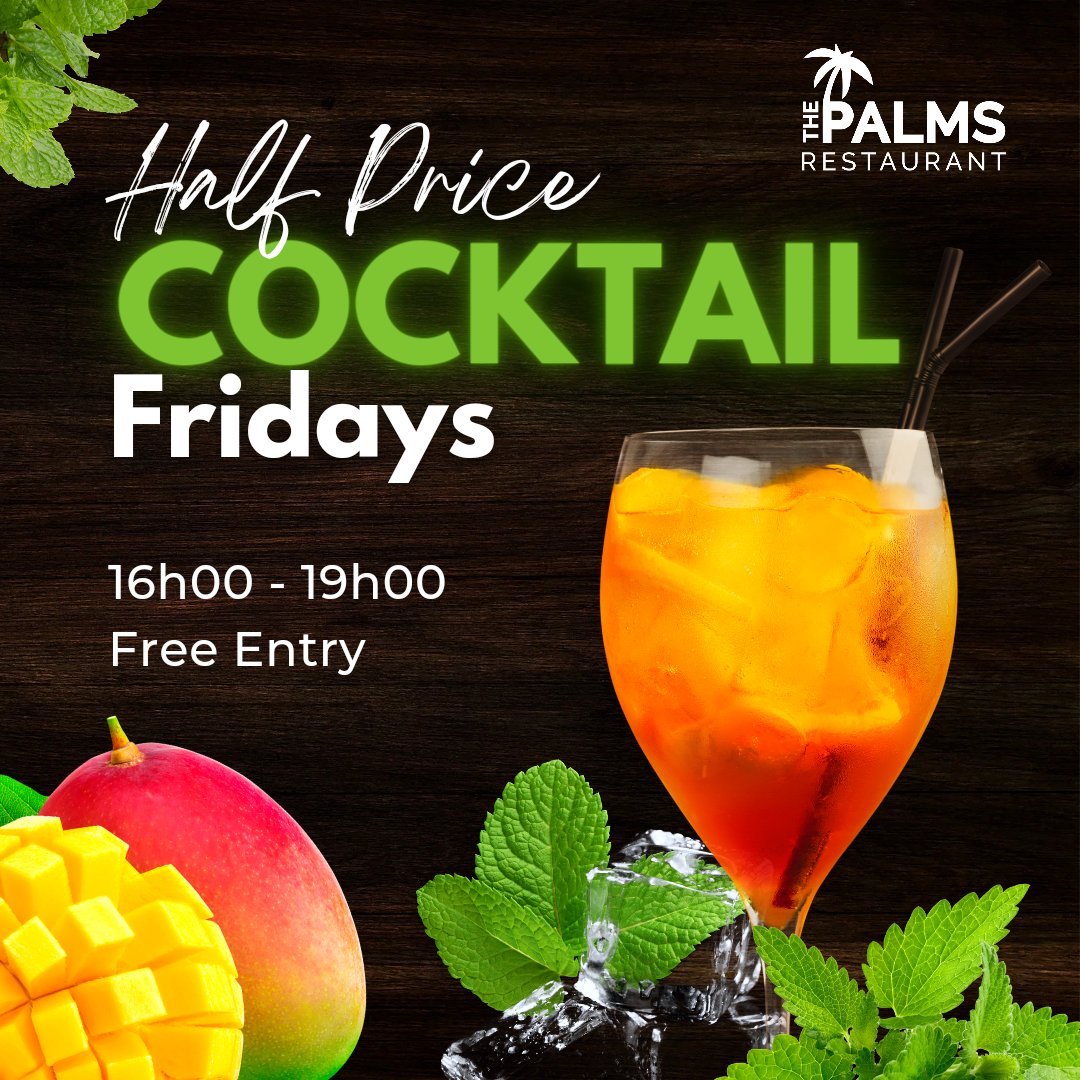 ThePalmsWC's tweet photo. Half-Priced Cocktail Friday at The Palms Pub &amp; Grill !!! 🌴🍸🍹🧉 

Special available from 16h00 - 19h00
17 Bottelary Road, Brackenfell
bookings@thepalmsrestaurant.co.za

#Cocktails #Brackenfell #DrinkSpecials #ThePalms #discount #halfpriced #westerncape #friday #capetown https://t.co/iTWI4DjVVa