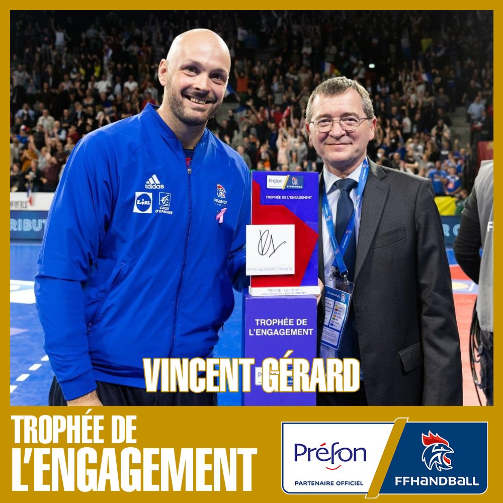 Prefon_Asso's tweet photo. 🏆 Vous avez élu Vincent Gérard comme joueur le plus engagé sur le terrain hier soir. Il reçoit le Trophée de l’Engagement décerné par Préfon. Bravo Vincent !
#PrefonHand #TrophéeDeLengagement #Handball #Engagement @ffhandball https://t.co/HS8fglFp3K