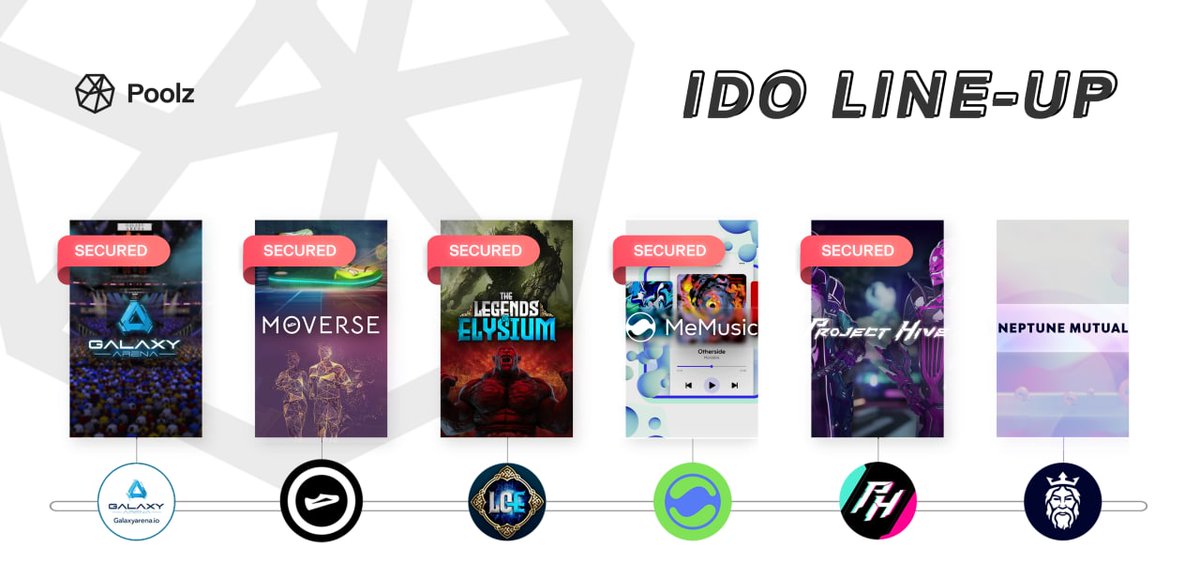 The @Poolz__ Upcoming IDOs, your #secured line(up) 👉 Invest in Poolz IDOs : poolz.finance @galaxyarena_io @MoverseRun @Project_Hive_io @MeMusicNews @LegendsElysium @neptunemutual ▶️ Read about our Secured IDO model: blog.poolz.finance/poolz-secure-i…