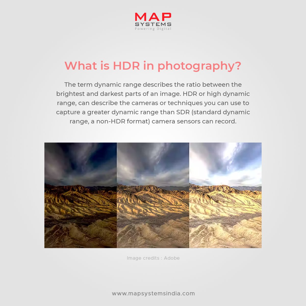 MapSystemsIndia's tweet image. The term dynamic range describes the ratio between the brightest and darkest parts of an image. 

Learn more: adobe.ly/3Tq1zGN

 #mapsystems #HDR #photography  #HDRphotography #HDRphoto #hdrphotographer #photograpers  #hdrprofessional #realestatephotography