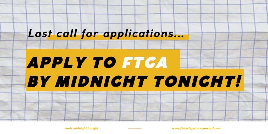 FintechGermany's tweet photo. Tick tock, tick tock: Apply for the Fintech Germany Award 2022 before the deadline at midnight TONIGHT!

Visit https://t.co/rPUevOIGv4 to enter.

#FTGA #FTGA2022 #Fintech #Germany #Berlin https://t.co/iR4uYpLHwC