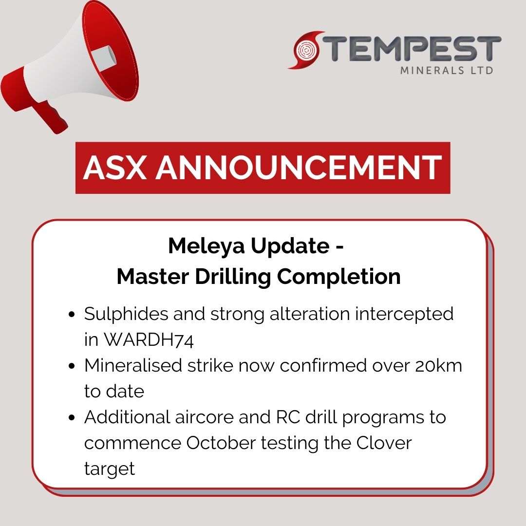 tempestminerals's tweet photo. $TEM is pleased to update the market that it has completed the diamond drilling program of 1 hole for 427.1m at the Master target.
View the full ASX announcement at TEM's interactive investor hub: https://t.co/JmzCBwAtun
#ASX #smallcaps #meleya #investorhub #Mining https://t.co/4cIbZgoQWs