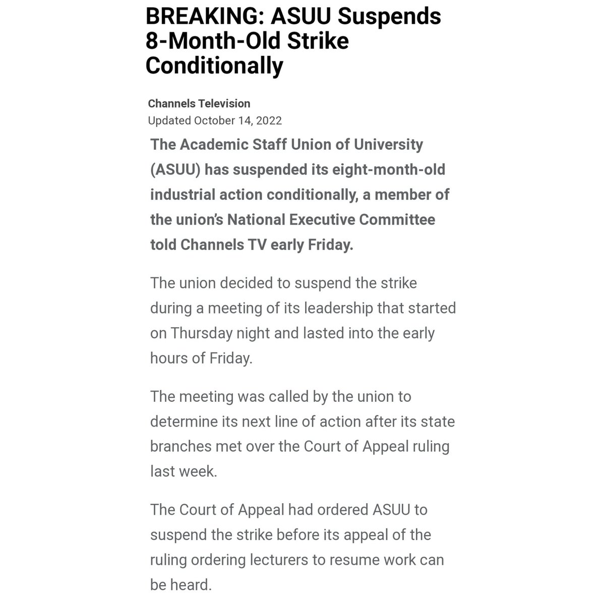 uniuyogist's tweet photo. ASUU suspends 8 months Strike today 14th October, 2022 Conditionally.
Let's know how you feel in the comment section.
Source: @channelstv
#uniuyogist #uniuyostudents #uniuyo #blog #students #education #educationblog #educational #asuustrike #asuuvsfg #asuustrike2022 #asuu https://t.co/N3D3STK3zb