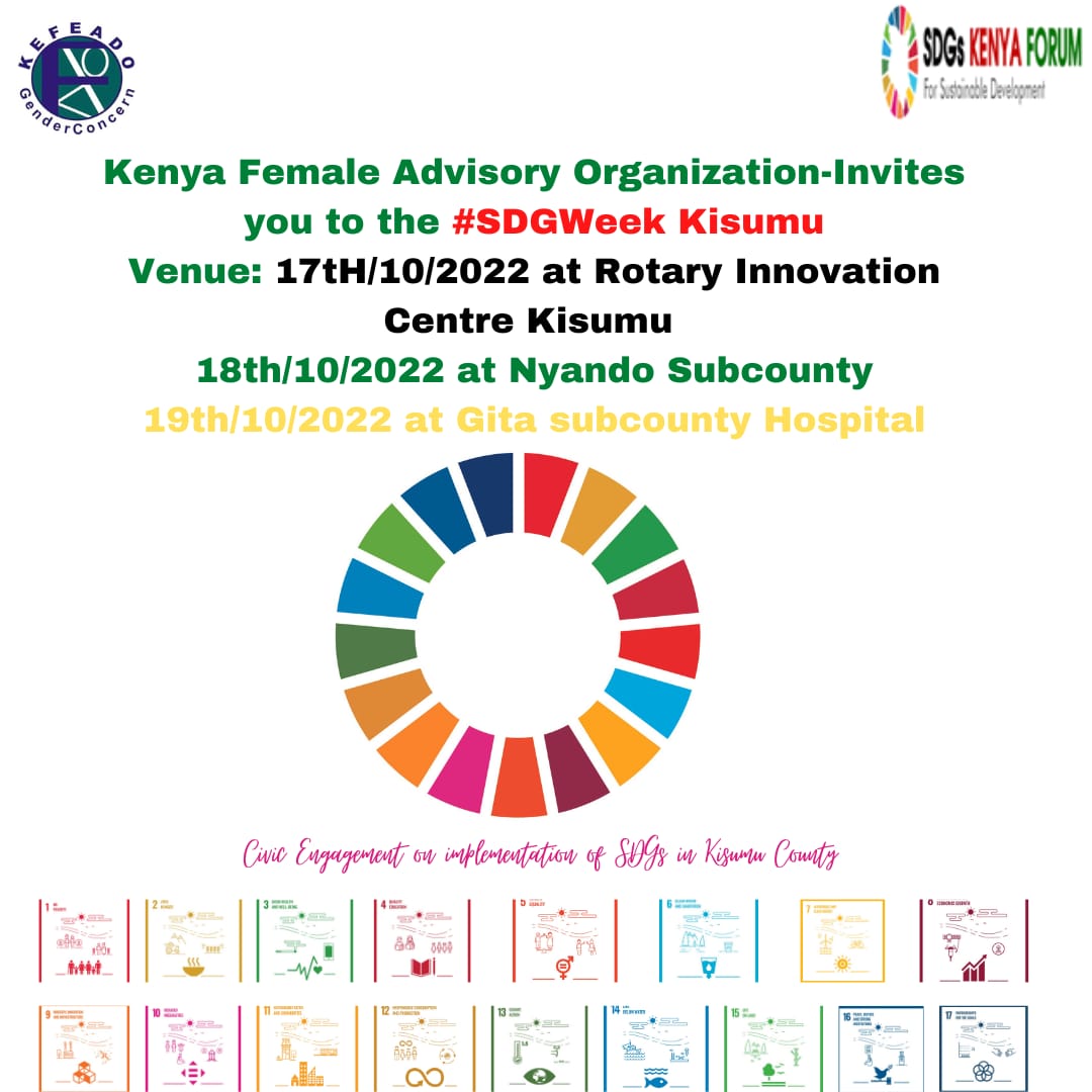 kefeado's tweet photo. We are geared towards celebrating #SDGWeekKisumu starting from Monday the 17th of October. Join us for a week of action, awareness and actountability for the SDGs in kisumu County. #LeaveNoOneBehind https://t.co/GJpSBADATE