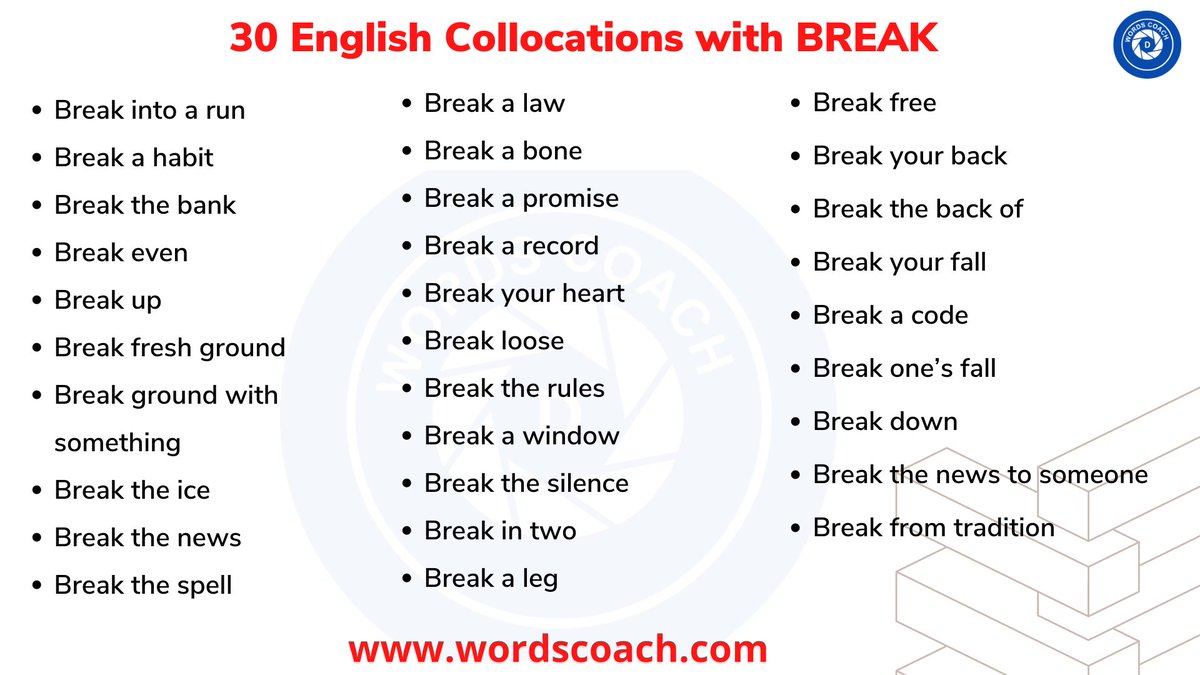 wordscoach's tweet photo. 30 English Collocations with BREAK
https://t.co/9QqOvAflrJ
APP: https://t.co/Q5ZqBGn4fs
#wordcoach #vocabquiz #english #learn #englishcollocations #englishidioms #britishenglish #englishlanguage #learningenglish #englishphrasalverbs #learnenglishonline #privateenglish #ielts https://t.co/sfGU4eBppl