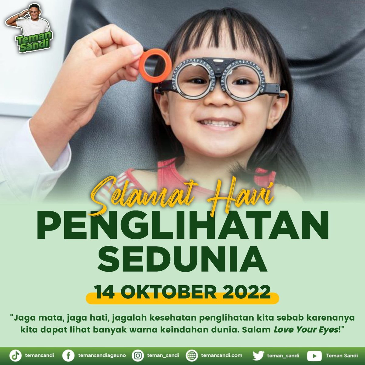 teman_sandi's tweet photo. Tujuan dari peringatan Hari Penglihatan Sedunia ini ialah untuk meningkatkan kesadaran publik global tentang pentingnya menjaga kesehatan mata.

#Temansandi #Sandiagauno #Sandiuno
Kapolda Jatim DI GBK 1,1 M #SBYTurunGunung Kapolres Narkoba Wendy Walters https://t.co/3jxk86Mx5v