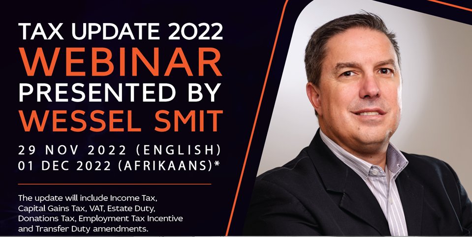 CoreExecutrain_'s tweet photo. We want to invite to you to join Wessel for our annual Tax Update.  PLEASE NOTE: If viewed on a mobile device, use the following links for registration:
ENGLISH registration: https://t.co/UJFAZ0dUdf
AFRIKAANS registration: https://t.co/EOau843xYM https://t.co/QTQUdZ7RFH