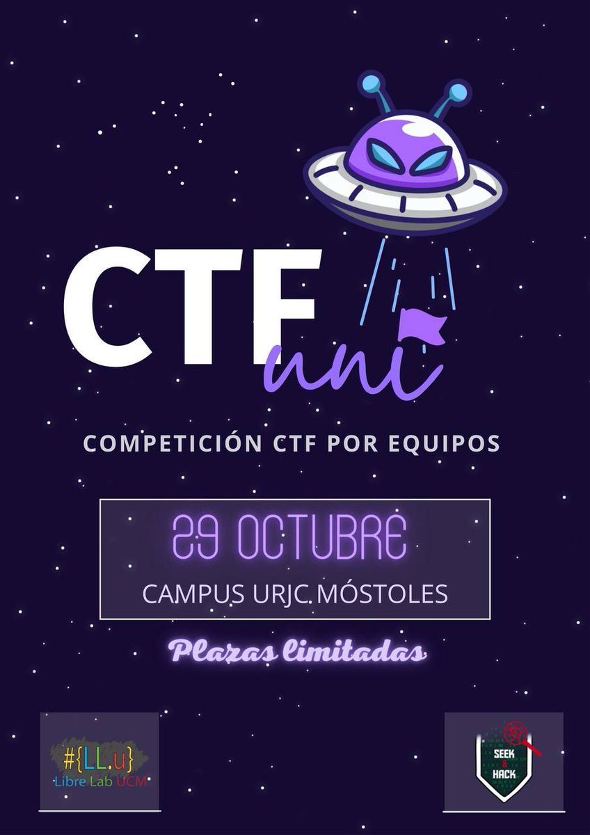 LibreLabUCM's tweet image. ¿Todavía estás buscando equipo para el CTF Uni? ¿A qué estás esperando para apuntarte? 😏

REQ
👉 Equipo de entre 3 a 4 personas
👉 Matriculado en curso 2022-23 en Madrid
👉 18-26 años

¡No te preocupes! Habla con nosotros por MD y para más info... 

🌐 ctfu.librelabucm.org