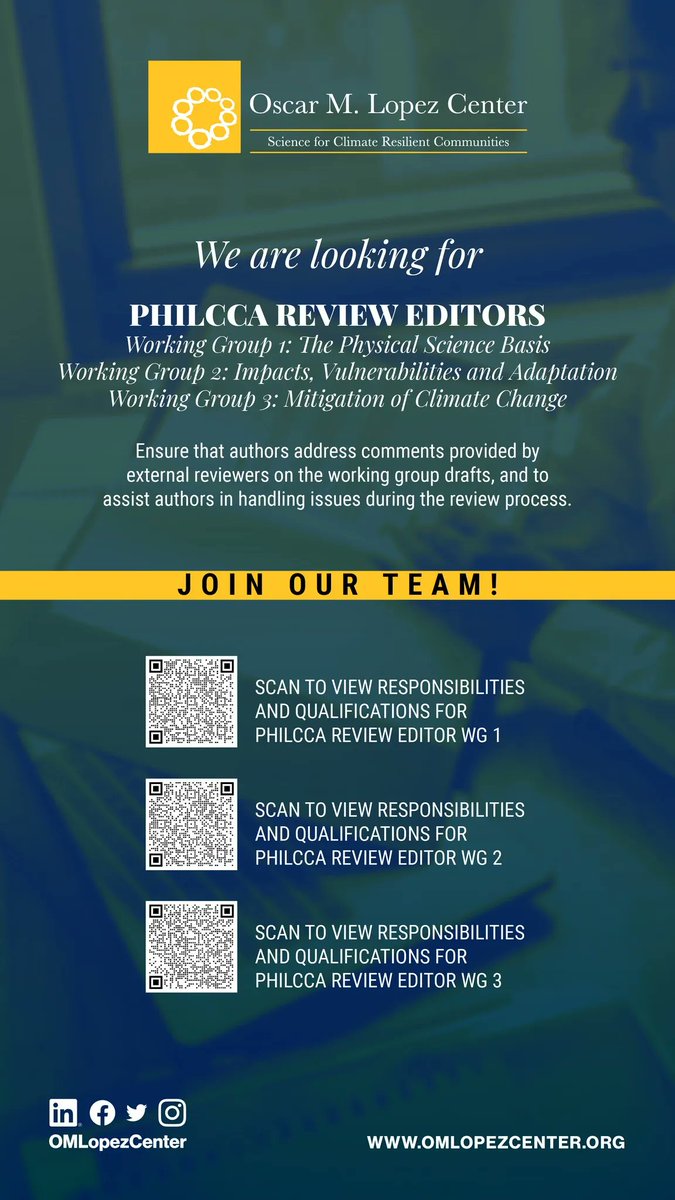 OMLopezCenter's tweet photo. We are looking for Review Editors for the Philippine Climate Change Assessment Working Groups 1, 2, and 3.
For more info visit:
WG 1: https://t.co/y8mcM02A2R
WG 2: https://t.co/4dqgkoEq1O
WG 3: https://t.co/i09GbEHUaC
#ReviewEditor #Editor #callforapplications #jobopening https://t.co/tKWKpUGLdi