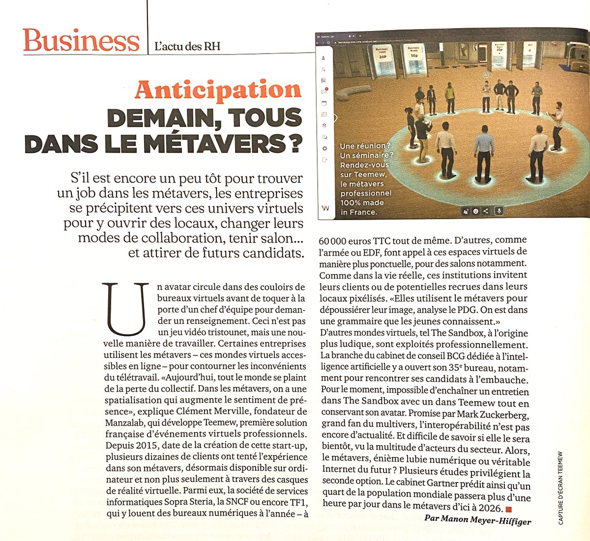 Teemew dans le Magazine Management !
Demain tous dans le Métavers ?
Clément Merville évoque les nouveaux usages du Métavers pour les entreprises.

#presencevirtuelle #teemew #metavers #futurdutravail #teletravail